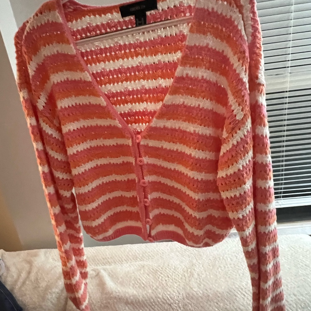 Forever21 Pink Orange Striped Cropped Cardigan Knit Button Up Spring Sweater EUC